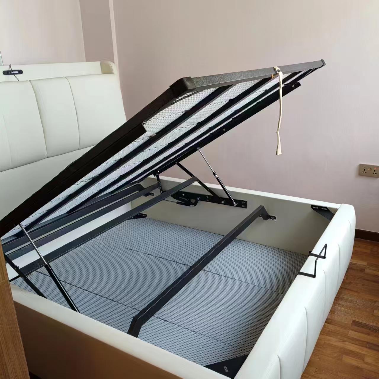 Upholstered bed frame with hydraulic lift-up storage base assembled by The Good Guys Singapore.