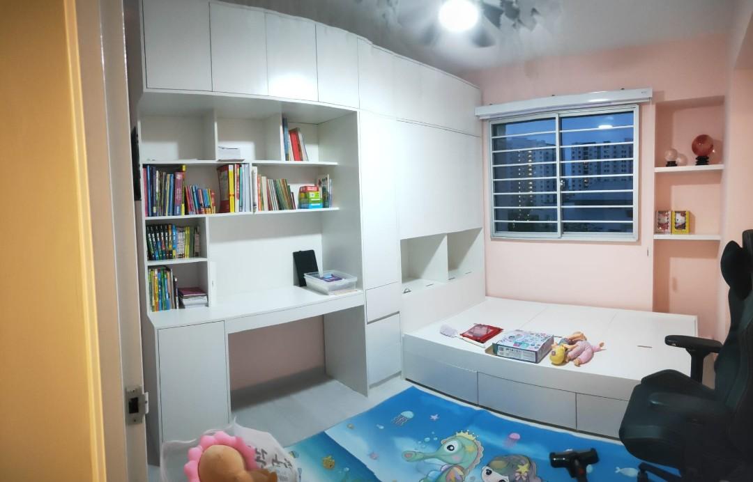 Integrated storage bed, desk and full-height cabinet system assembled by The Good Guys Singapore.