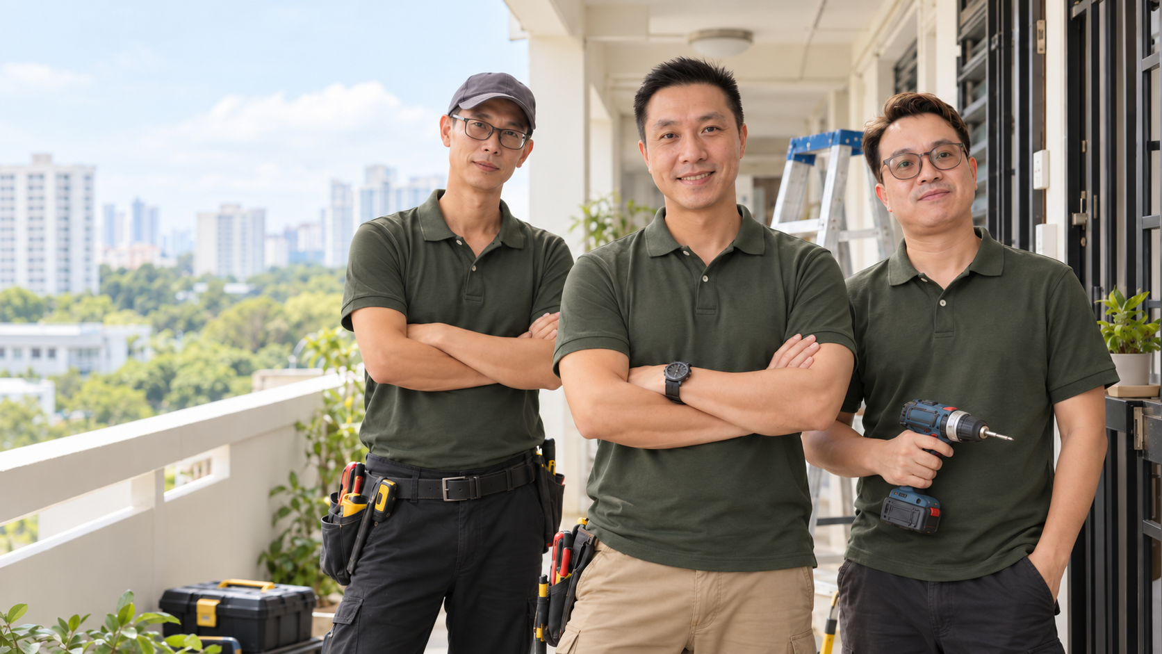 The Good Guys Singapore handyman team with tools in an HDB corridor